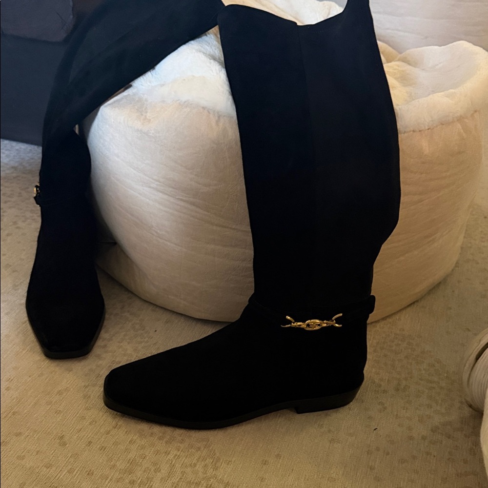 Sam Edelman Black Suede Knee-High Boots with Gold Chain Accent